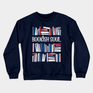 Bookish soul // oxford navy blue bookshelf background neon red flesh coral white classic and pastel blue books Crewneck Sweatshirt